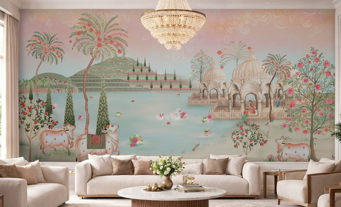 Peach and blush pink Pichwai wallpaper mural installed in a grand Indian classical music room with lotus lake, cows, and Vrindavan heritage design in soft pastel tones with natural daylight.