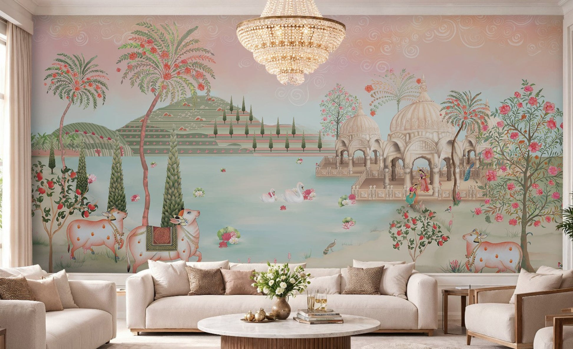Peach and blush pink Pichwai wallpaper mural installed in a grand Indian classical music room with lotus lake, cows, and Vrindavan heritage design in soft pastel tones with natural daylight.