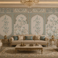 Persian Floral Panels wallpaper in Vintage Aqua featuring elegant arched botanical panels, delicate floral artwork, and intricate Persian-inspired borders in soft aqua, beige, and ivory tones, showcased in a luxurious classic living room with ornate furniture and timeless décor.