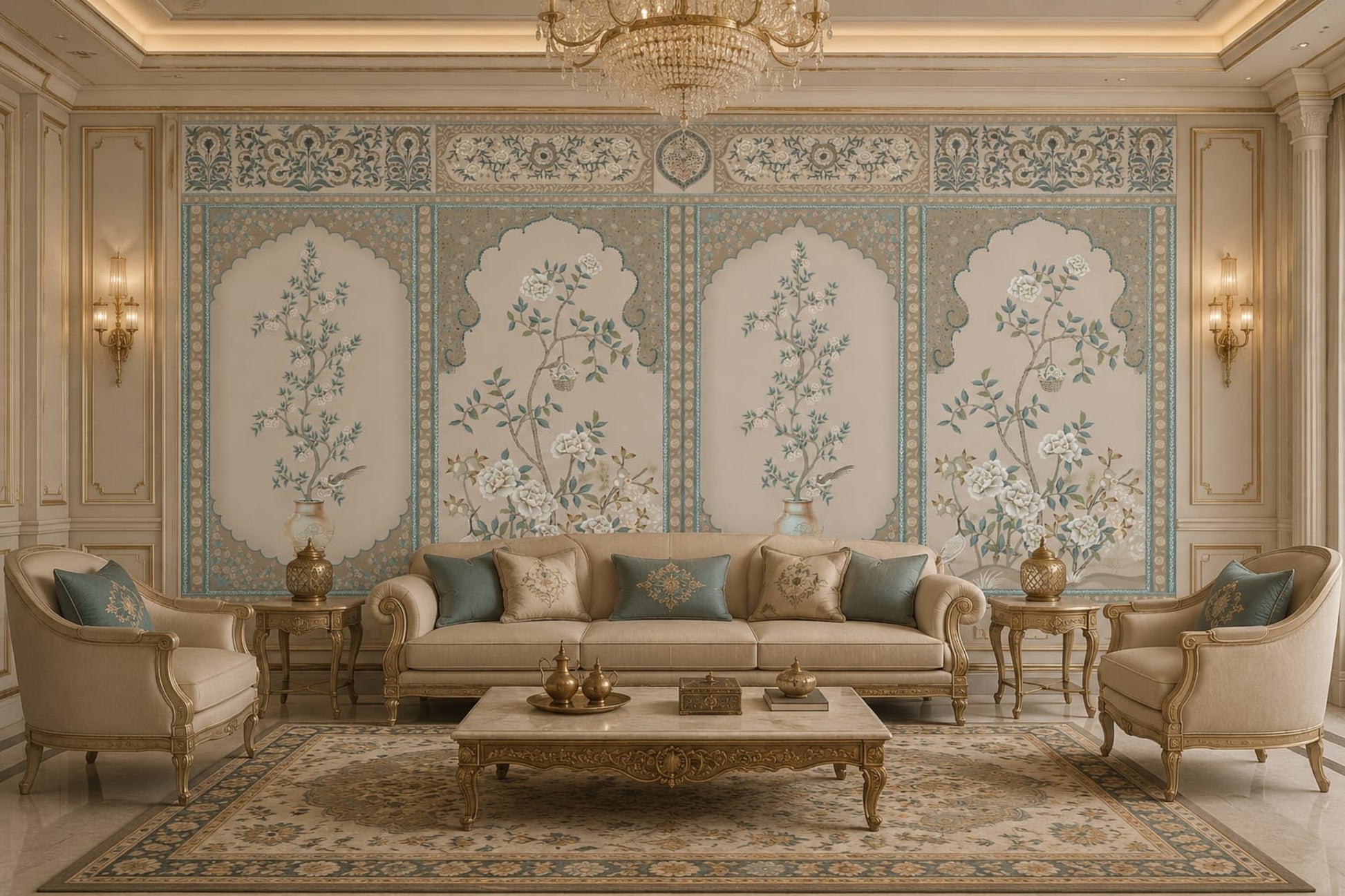 Persian Floral Panels wallpaper in Vintage Aqua featuring elegant arched botanical panels, delicate floral artwork, and intricate Persian-inspired borders in soft aqua, beige, and ivory tones, showcased in a luxurious classic living room with ornate furniture and timeless décor.