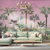 Bohemian bedroom interior featuring a wide-angle view of a pink tropical palm mural on a large accent wall with neutral bedding and natural light.