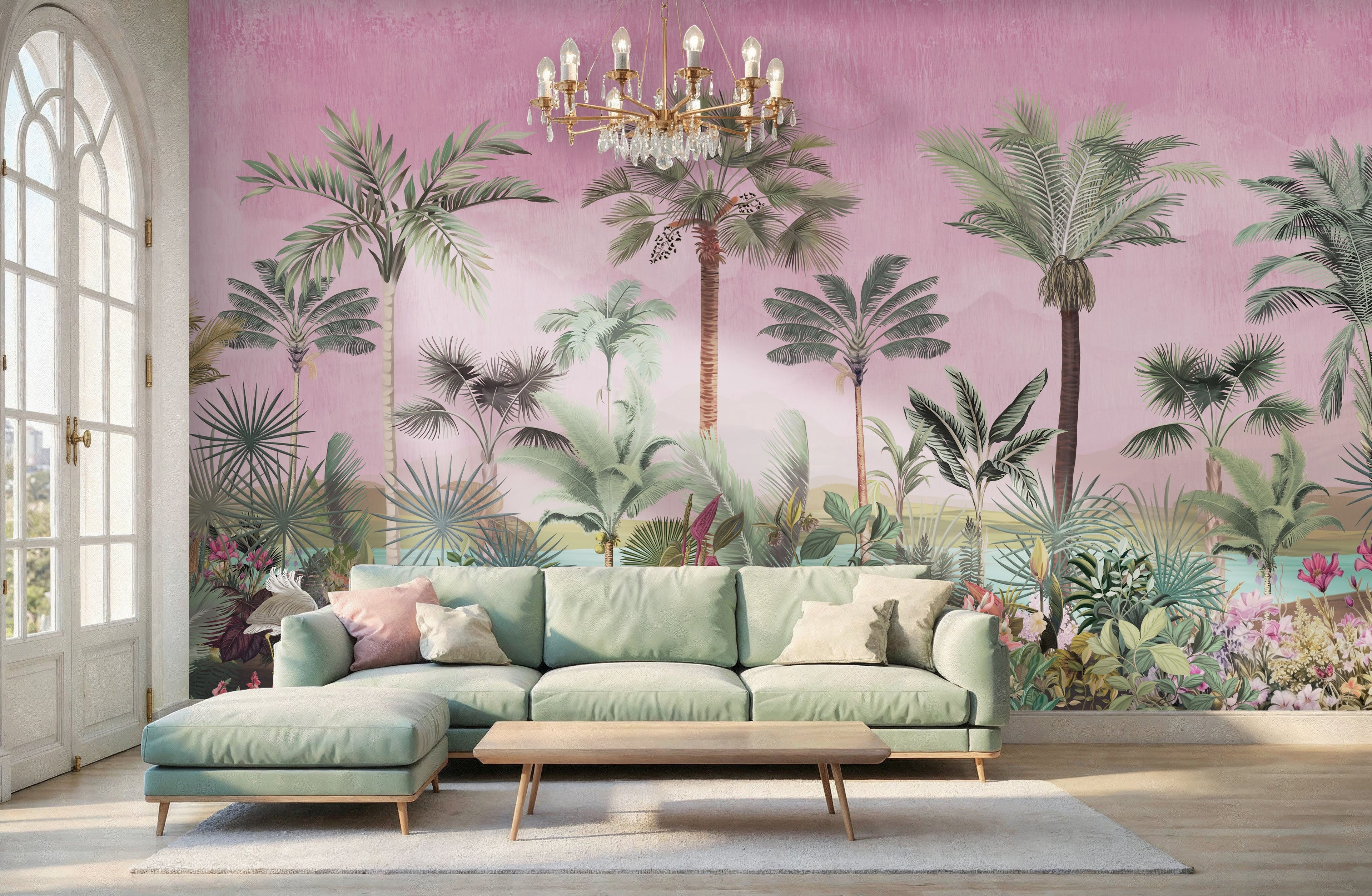 Bohemian bedroom interior featuring a wide-angle view of a pink tropical palm mural on a large accent wall with neutral bedding and natural light.