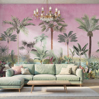 Bohemian bedroom interior featuring a wide-angle view of a pink tropical palm mural on a large accent wall with neutral bedding and natural light.