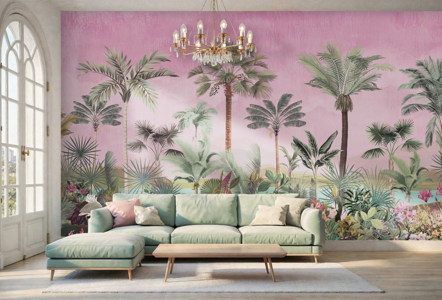 Bohemian bedroom interior featuring a wide-angle view of a pink tropical palm mural on a large accent wall with neutral bedding and natural light.