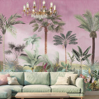 1331_DA  Tropical Palm Retreat Landscape Wall Mural Wallpaper, Sunset Pink