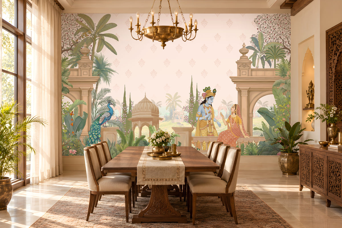 1526_DA_ Shyam Madhuban – Traditional Indian Mural Wallpaper- Teal Blue.