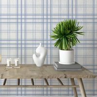 A bright interior space features a soft ivory and cornflower blue plaid wallpaper.
The detailed design shows thin blue lines intersecting to form clean grids across a white base.
In front, a rustic wooden console table holds modern ceramic vases and candles.
The breezy, minimalist setup is accented with vibrant green potted plants on both sides.