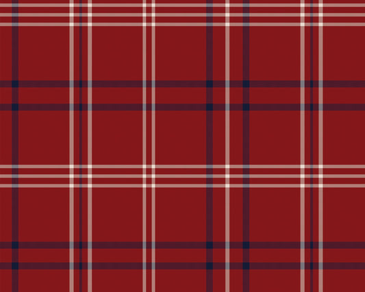 A close-up view showcases a textured wallpaper or fabric design with a rich crimson red background.
The material features a classic tartan plaid pattern comprised of intersecting vertical and horizontal lines.
Thick, dark navy blue stripes run horizontally across the surface, creating bold squares.
Fine, crisp white and beige lines run both vertically and horizontally, providing sharp definition.
The thin white stripes are clustered closely together, adding a detailed geometric layer to the grid.
