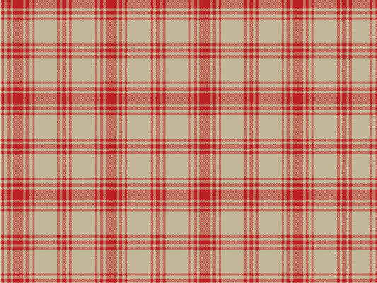 A close-up view showcases a classic crimson red and warm beige plaid wallpaper.
The detailed pattern features intersecting vibrant lines forming grids across a sandy base.
The texture has a clean fabric-like look that emphasizes the straight lines and squares.
This simple, striking design brings a cozy and traditional feel to any wall or room.