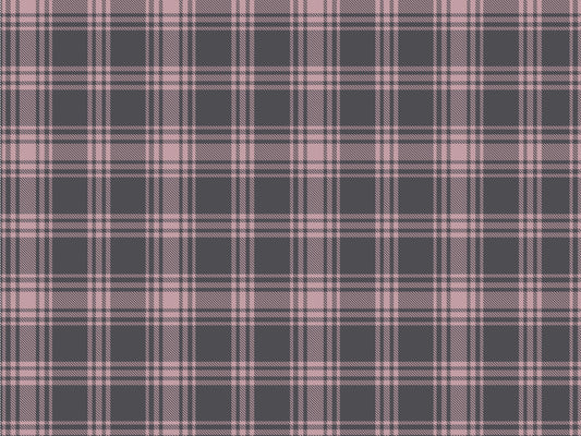 A close-up view showcases a classic charcoal grey and moonlit rose pink plaid wallpaper.
The detailed pattern features intersecting pink lines forming grids across a dark grey base.
The texture has a clean fabric-like look that emphasizes the straight lines and squares.
This simple, elegant design brings a cozy and sophisticated feel to any wall or room.