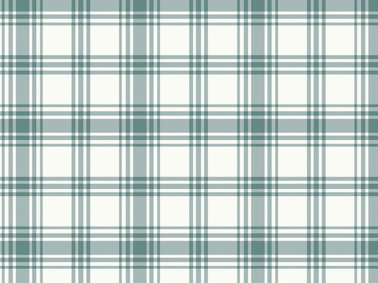 A close-up view showcases a classic slate green and cream plaid wallpaper.
The detailed pattern features intersecting dark green lines forming grids across a soft base.
The texture has a clean fabric-like look that emphasizes the straight lines and squares.
This simple, earthy design brings a cozy and calming feel to any wall or room.