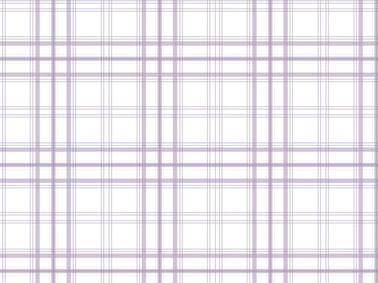 A simple graphic displays a clean soft violet and white plaid pattern.
The detailed design shows thin purple-grey lines intersecting across a plain white background.
The lines cross each other perfectly to form an organized, repeating grid pattern.
The minimal setup highlights only the gentle colors and geometric fabric wallpaper design.