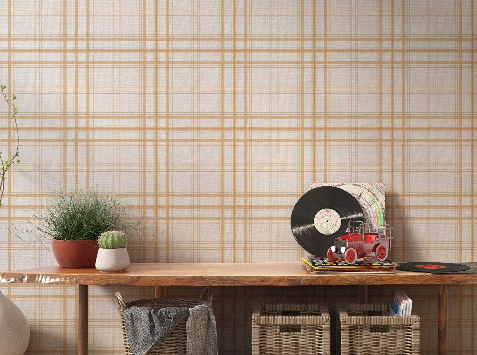 A stylish living area features a warm golden yellow and white plaid wallpaper.
The detailed design shows thin white lines intersecting to form clean grids across a yellow base.
In front, a cream-colored wooden sideboard with woven rattan doors is centered nicely.
The bright setup is accented with a white desk lamp, pottery, and a leafy green plant.