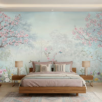 1558_DA Blossom Reverie – Pastel Floral Landscape Wallpaper, Willow Green
