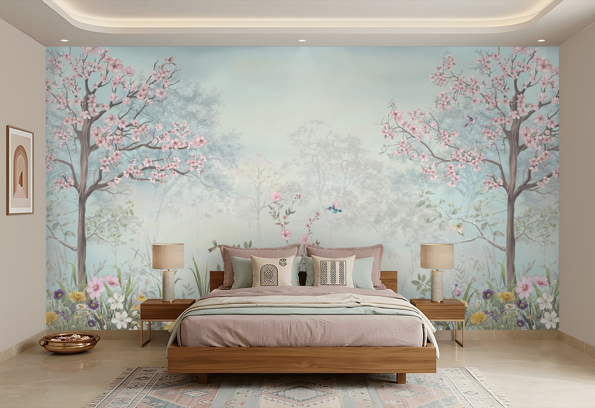 1558_DA Blossom Reverie – Pastel Floral Landscape Wallpaper, Willow Green