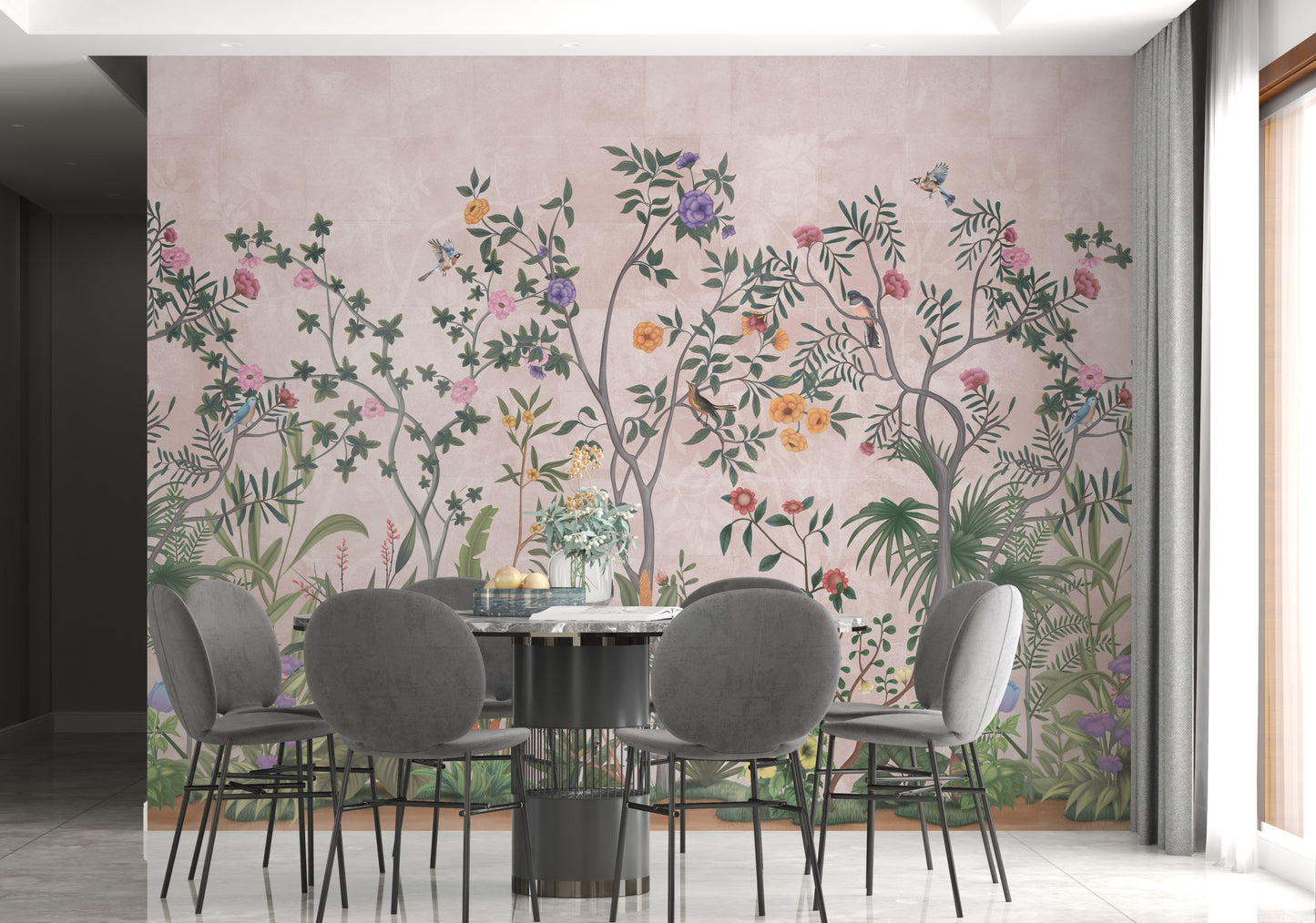 Primrose pink Vaatika II floral mural wallpaper elegant botanical wall design in modern living room.