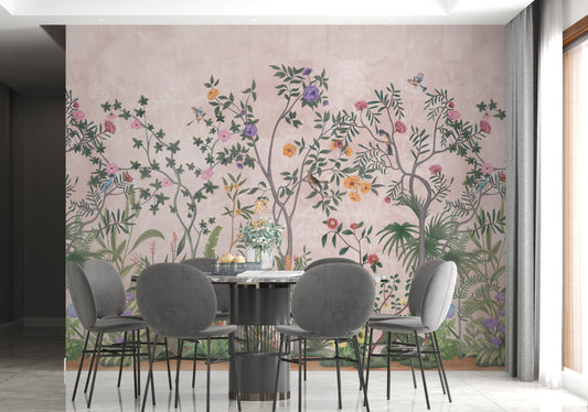 Primrose pink Vaatika II floral mural wallpaper elegant botanical wall design in modern living room.