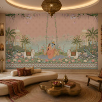 Radha Madhav peach heritage mural featuring Radha and Krishna, peacocks, cows, floral gardens, palace arches and traditional Indian motifs.