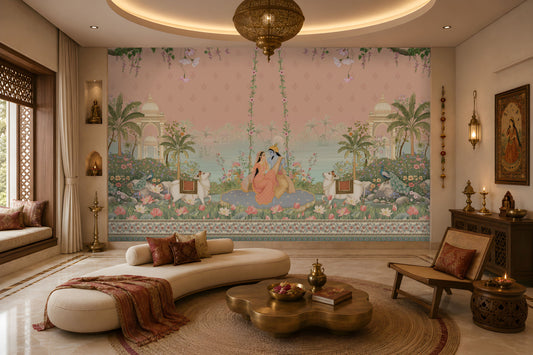 Radha Madhav peach heritage mural featuring Radha and Krishna, peacocks, cows, floral gardens, palace arches and traditional Indian motifs.