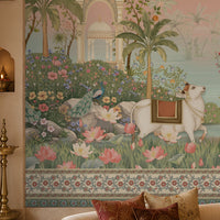 Radha Madhav peach heritage mural featuring Radha and Krishna, peacocks, cows, floral gardens, palace arches and traditional Indian motifs. 