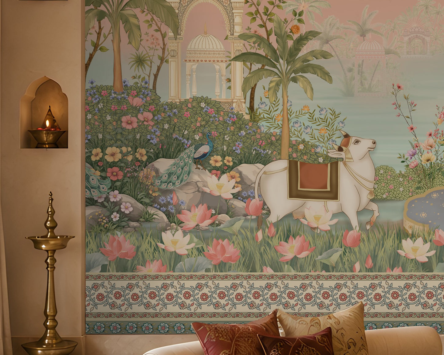 Radha Madhav peach heritage mural featuring Radha and Krishna, peacocks, cows, floral gardens, palace arches and traditional Indian motifs. 