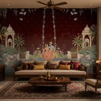 Radha Madhav deep burgundy heritage mural featuring Radha and Krishna, peacocks, cows, floral gardens, palace arches and traditional Indian motifs.