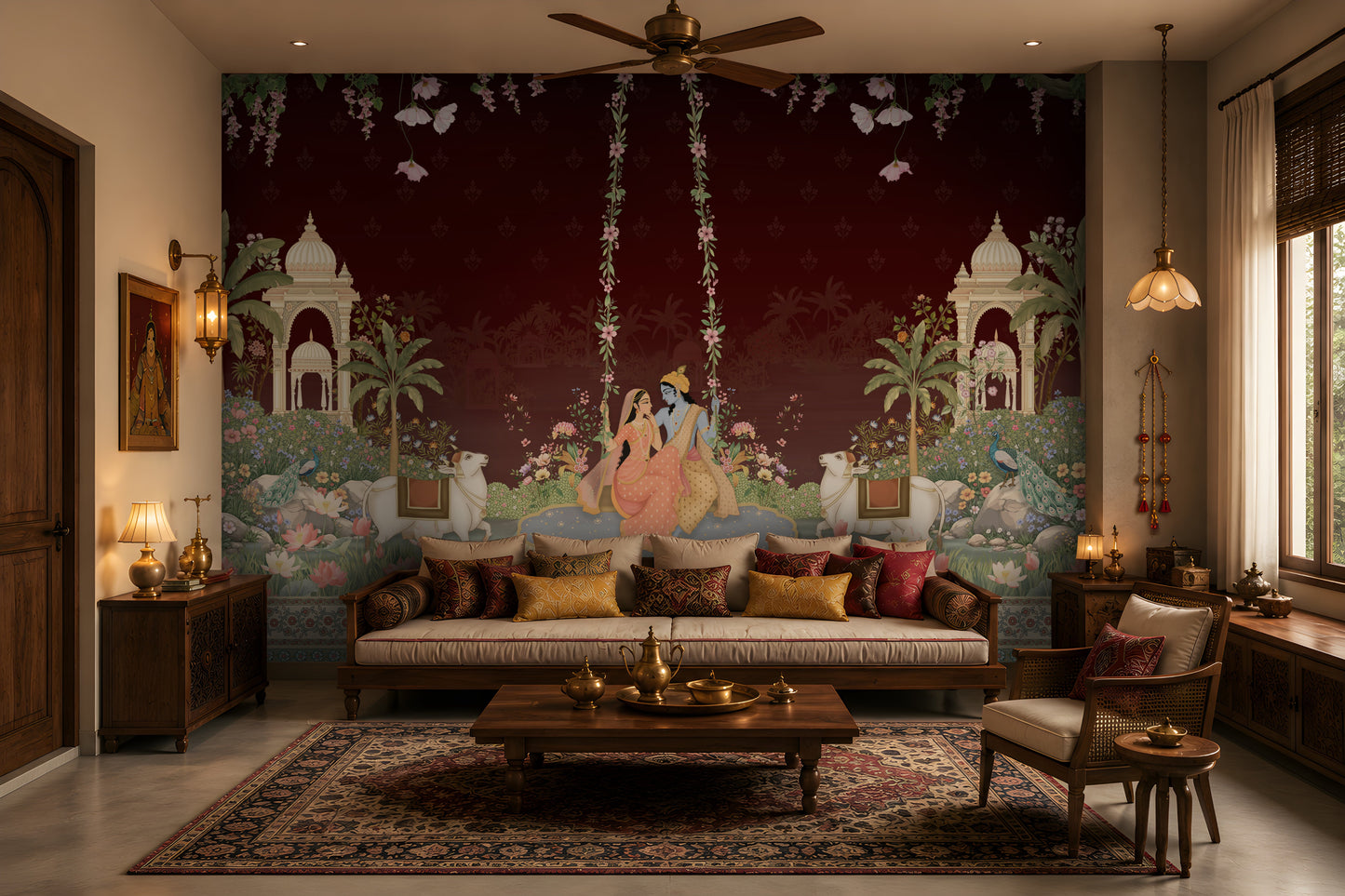 Radha Madhav deep burgundy heritage mural featuring Radha and Krishna, peacocks, cows, floral gardens, palace arches and traditional Indian motifs.