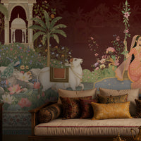 Radha Madhav deep burgundy heritage mural featuring Radha and Krishna, peacocks, cows, floral gardens, palace arches and traditional Indian motifs. 