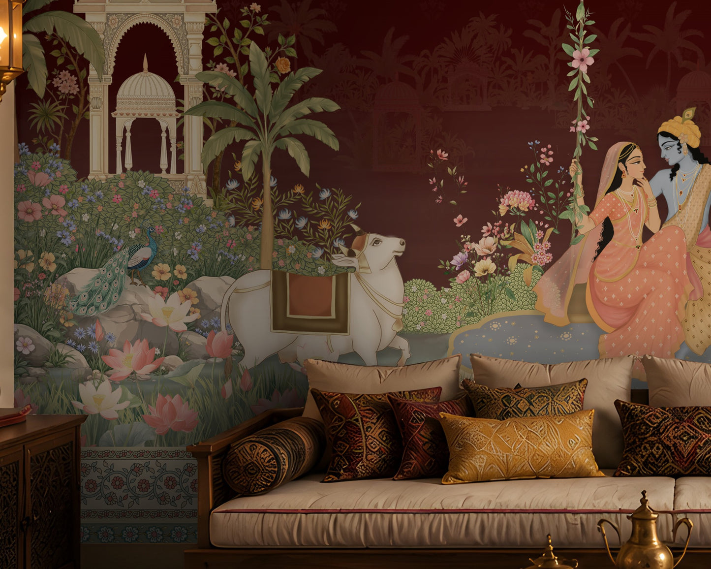 Radha Madhav deep burgundy heritage mural featuring Radha and Krishna, peacocks, cows, floral gardens, palace arches and traditional Indian motifs. 
