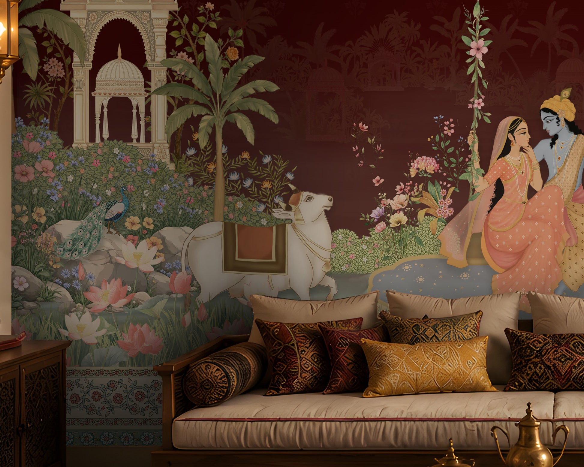 Radha Madhav deep burgundy heritage mural featuring Radha and Krishna, peacocks, cows, floral gardens, palace arches and traditional Indian motifs. 