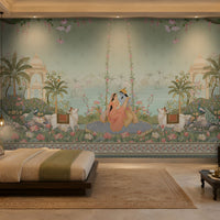  Radha Madhav dusty green heritage wall mural in a luxurious Indian-inspired bedroom with traditional palace artwork, floral motifs, and warm wooden furnishings.
