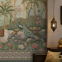  Radha Madhav dusty green heritage wall mural in a luxurious Indian-inspired bedroom with traditional palace artwork, floral motifs, and warm wooden furnishings.
