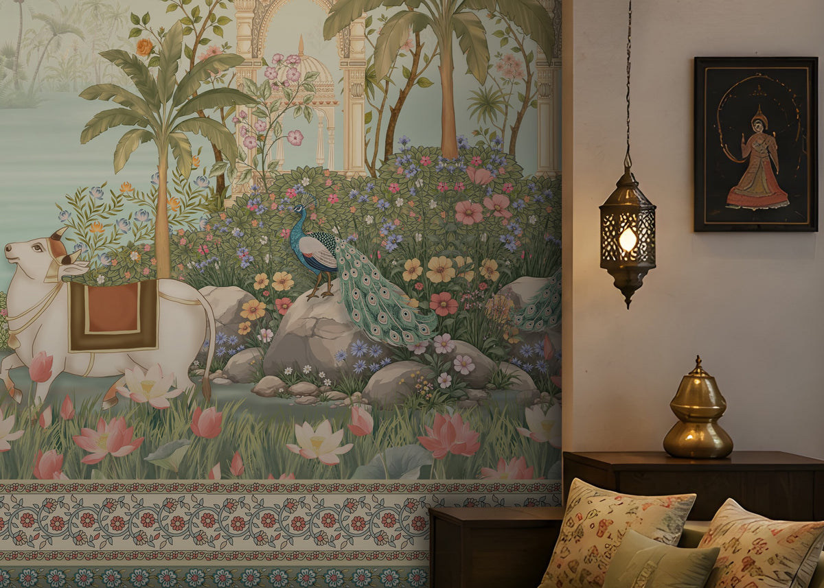  Radha Madhav dusty green heritage wall mural in a luxurious Indian-inspired bedroom with traditional palace artwork, floral motifs, and warm wooden furnishings.
