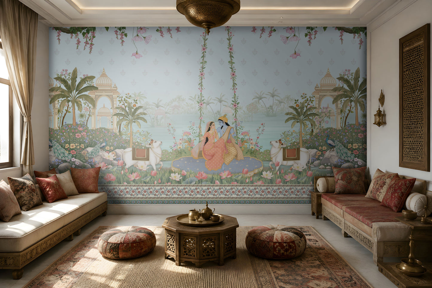 Radha Madhav heritage wall mural in a luxury Indian living room with carved wooden sofas, patterned cushions, brass décor, and traditional rugs.