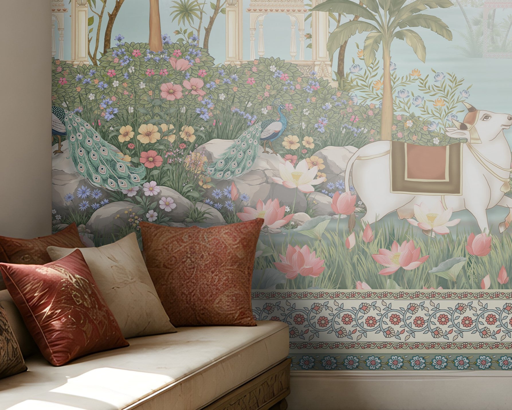 Radha Madhav heritage wall mural in a luxury Indian living room with carved wooden sofas, patterned cushions, brass décor, and traditional rugs.