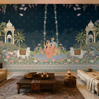 Radha Madhav midnight blue heritage mural featuring Radha and Krishna, peacocks, cows, floral gardens, palace arches and traditional Indian motifs.