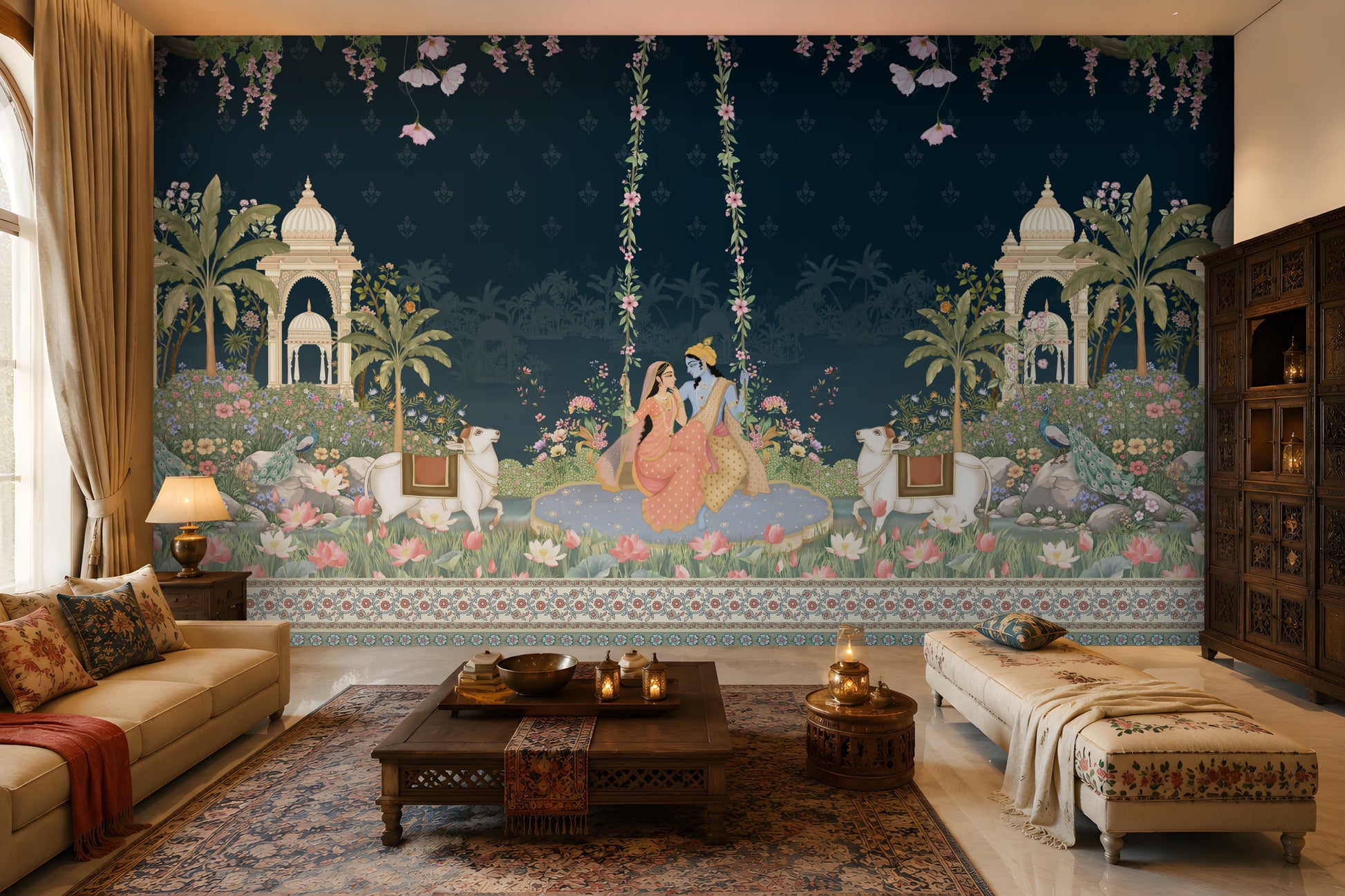 Radha Madhav midnight blue heritage mural featuring Radha and Krishna, peacocks, cows, floral gardens, palace arches and traditional Indian motifs.