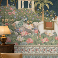 Radha Madhav midnight blue heritage mural featuring Radha and Krishna, peacocks, cows, floral gardens, palace arches and traditional Indian motifs.