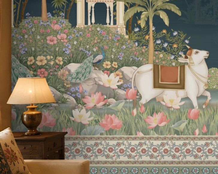 Radha Madhav midnight blue heritage mural featuring Radha and Krishna, peacocks, cows, floral gardens, palace arches and traditional Indian motifs.