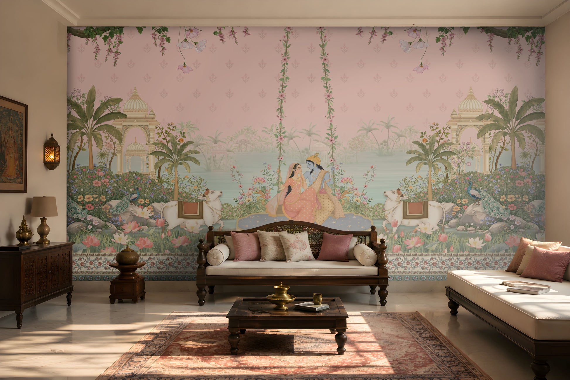 Radha Madhav pink heritage wall mural in a luxury Indian living room with carved wooden seating, floral cushions, brass décor, and traditional rug.