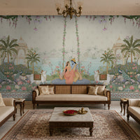 Radha Madhav soft blue heritage mural featuring Radha and Krishna, peacocks, cows, floral gardens, palace arches and traditional Indian motifs in a luxury living room.