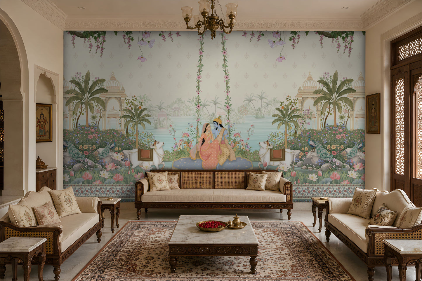 Radha Madhav soft blue heritage mural featuring Radha and Krishna, peacocks, cows, floral gardens, palace arches and traditional Indian motifs in a luxury living room.