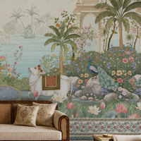 Radha Madhav soft blue heritage mural featuring Radha and Krishna, peacocks, cows, floral gardens, palace arches and traditional Indian motifs in a luxury living room. 