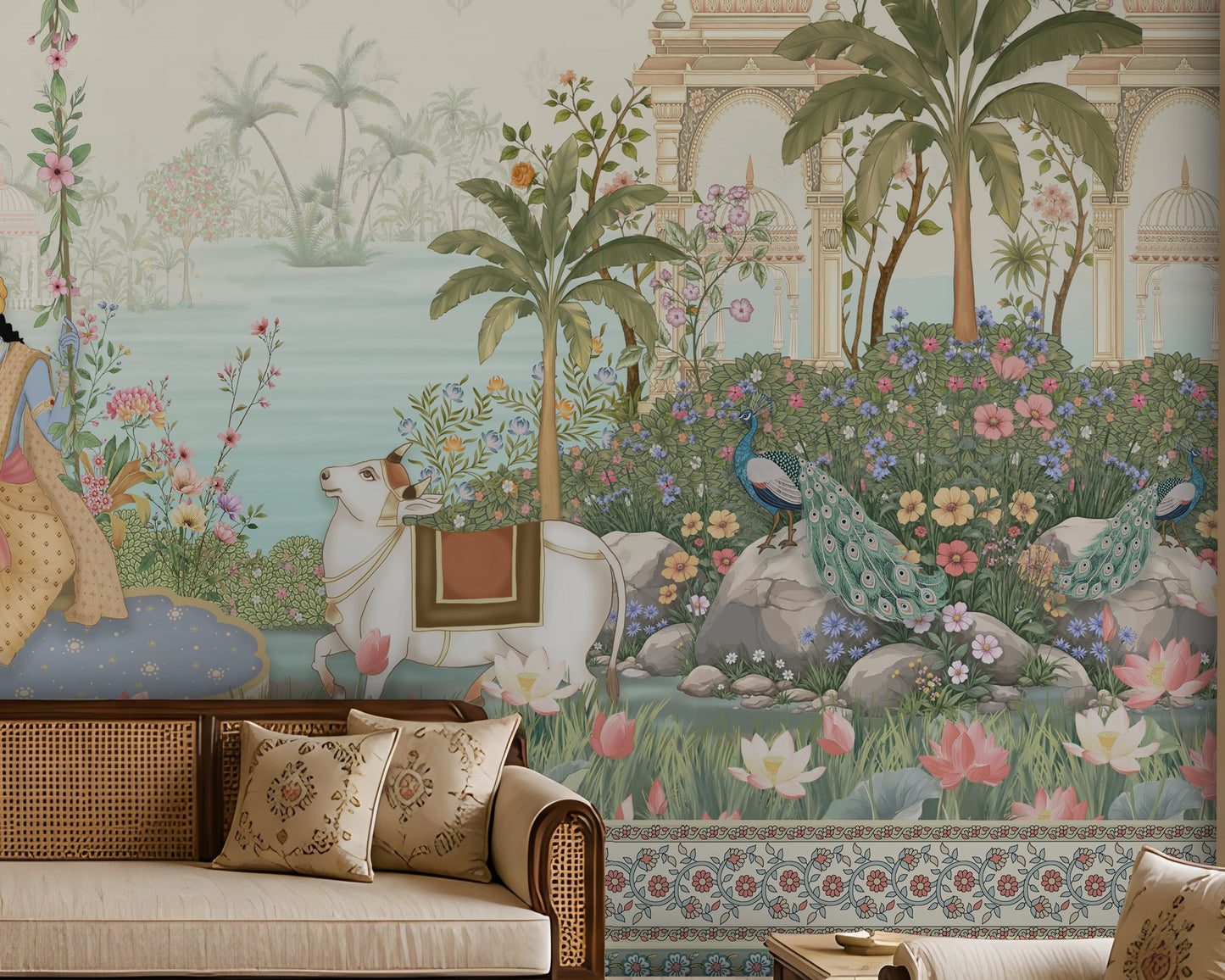 Radha Madhav soft blue heritage mural featuring Radha and Krishna, peacocks, cows, floral gardens, palace arches and traditional Indian motifs in a luxury living room. 