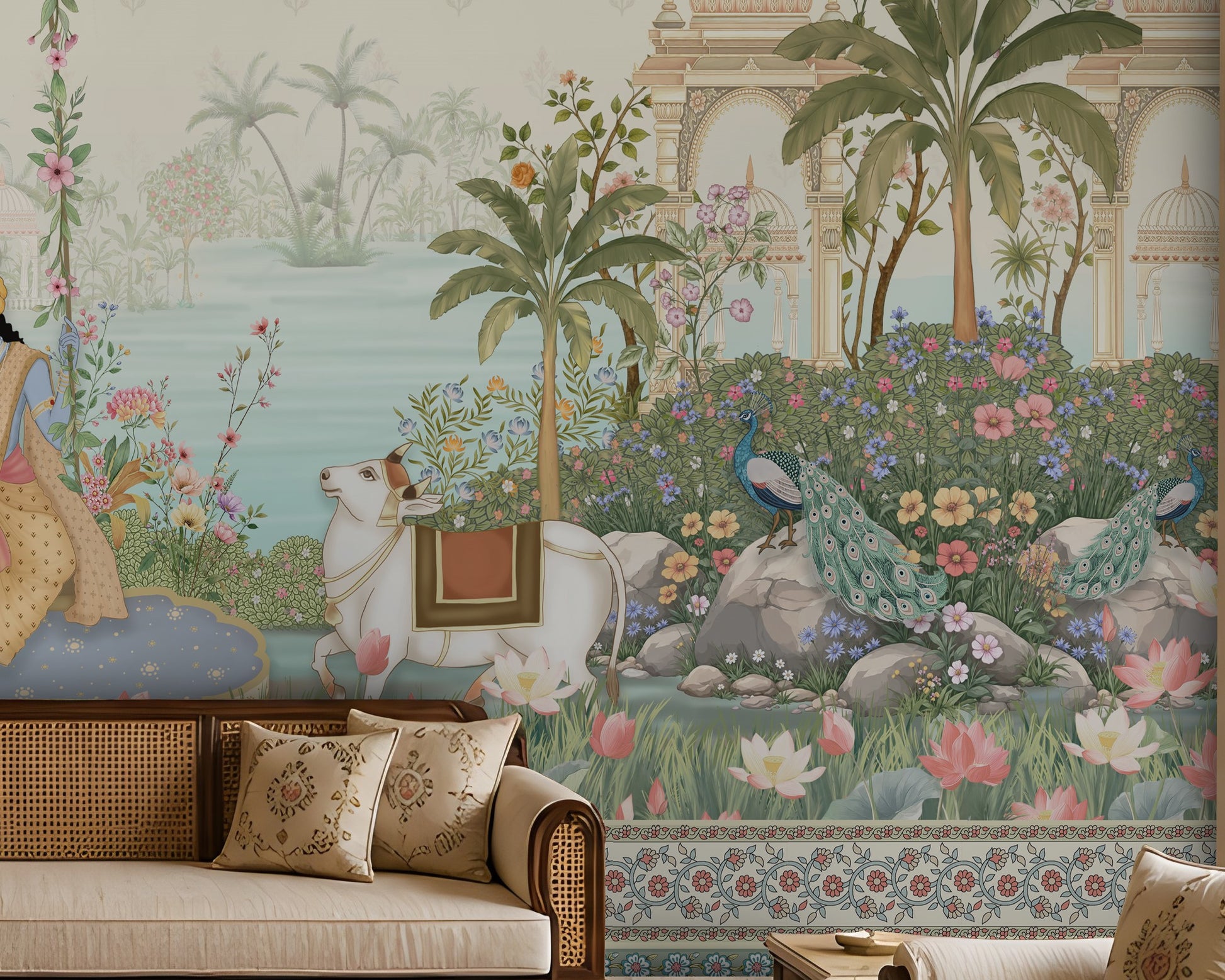 Radha Madhav soft blue heritage mural featuring Radha and Krishna, peacocks, cows, floral gardens, palace arches and traditional Indian motifs in a luxury living room. 