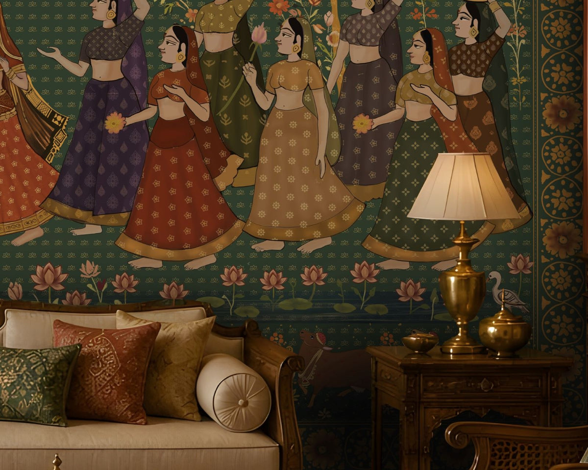 1417_DA_Nikunj Leela – Peacock Green Heritage Wall Mural