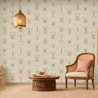 Pastel Green heritage wallpaper featuring delicate floral motifs, traditional Indian-inspired miniature artwork, intricate vintage-style frames, and muted botanical accents on a soft sage background, creating an elegant, timeless look for luxury interiors.
