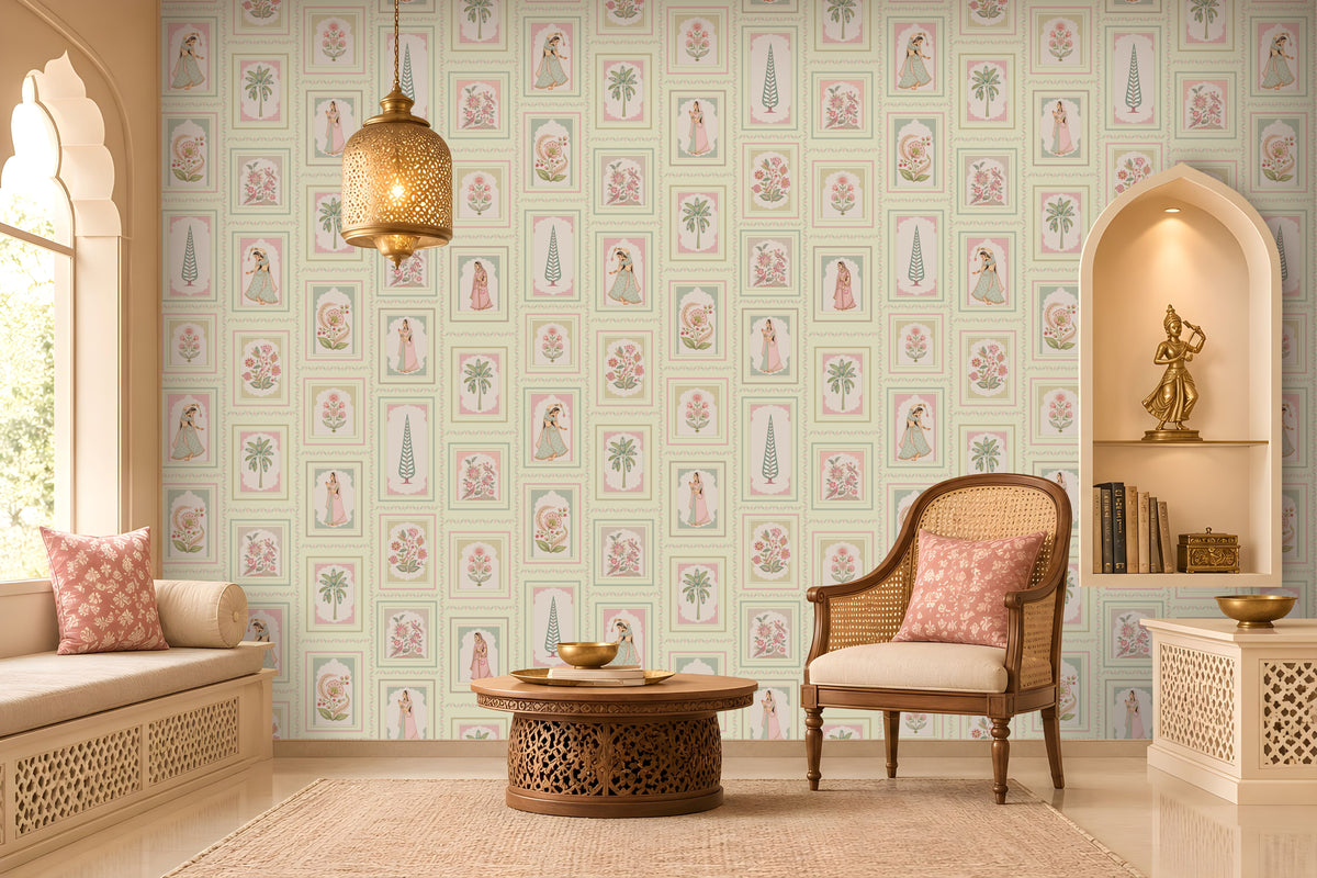 Pastel Green heritage wallpaper featuring delicate floral motifs, traditional Indian-inspired miniature artwork, intricate vintage-style frames, and muted botanical accents on a soft sage background, creating an elegant, timeless look for luxury interiors.