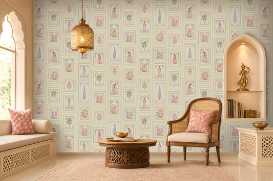 Pastel Green heritage wallpaper featuring delicate floral motifs, traditional Indian-inspired miniature artwork, intricate vintage-style frames, and muted botanical accents on a soft sage background, creating an elegant, timeless look for luxury interiors.