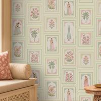 Pastel Green heritage wallpaper featuring delicate floral motifs, traditional Indian-inspired miniature artwork, intricate vintage-style frames, and muted botanical accents on a soft sage background, creating an elegant, timeless look for luxury interiors.